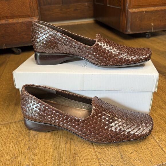 Enzo Angiolini Shoes - Vtg Enzo Angiolini Woven Leather Loafer Brown Square Toe Slip On Womens Sz 9N